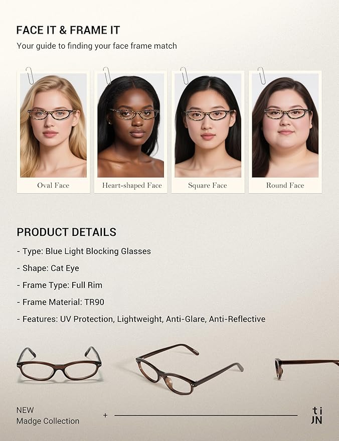 TIJN Olisa Blue Light Blocking Glasses for Women Men,Oval Glasses Frame Bluelight Glasses for Gaming/Computer/Screen