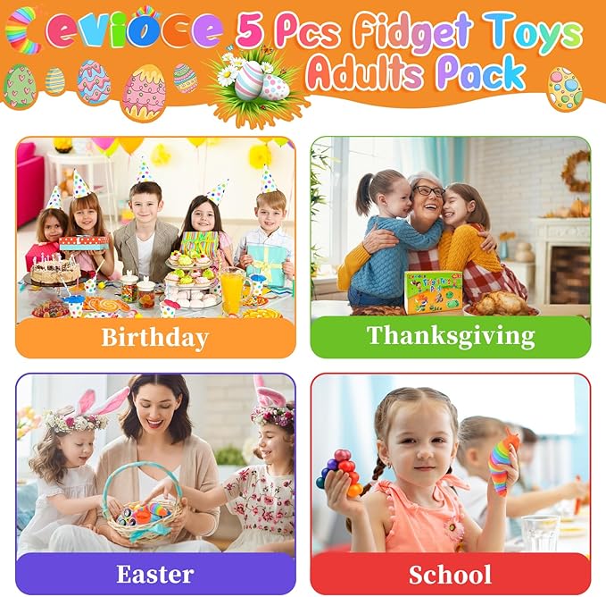 Cevioce 5Pcs Fidget Toys Adults Pack,Easter Basket Stuffers for Teens Boys,Autism Sensory Toys with Fidget Spinner Slug Magnetic Rings,Squishy Fidget Toys ADHD Stress Relief,Party Favor for Kid-O