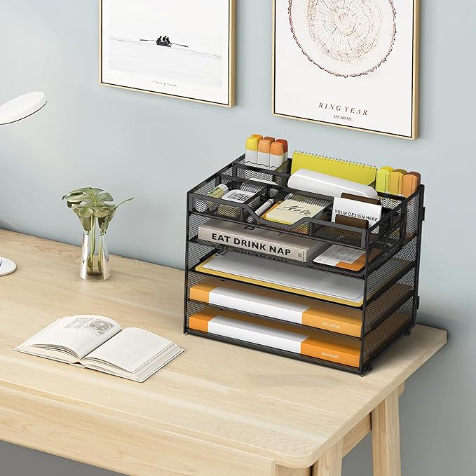 5 Tier Paper Letter Tray with 3 Drop-in Pen Holders, Mesh Desk File Organizer with Handle, Desk Organizers and Accessories for School,Home, Office Supplies Storage-Black