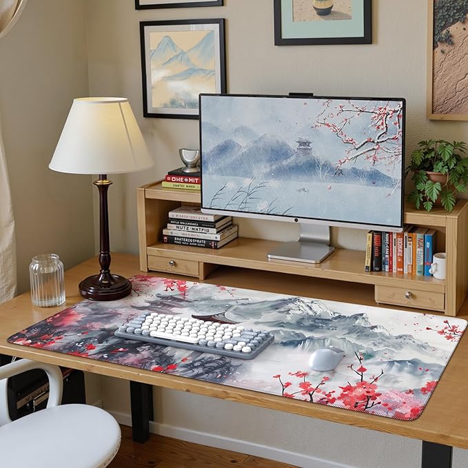 iCasso Desk Protector Mat, Large Japanese Mouse Pad, Stable Rubber Base Mousepad with Stitched Edges, Keyboard Mouse Mat Desk Pad for Work, Game, Office, Home(Sakura)