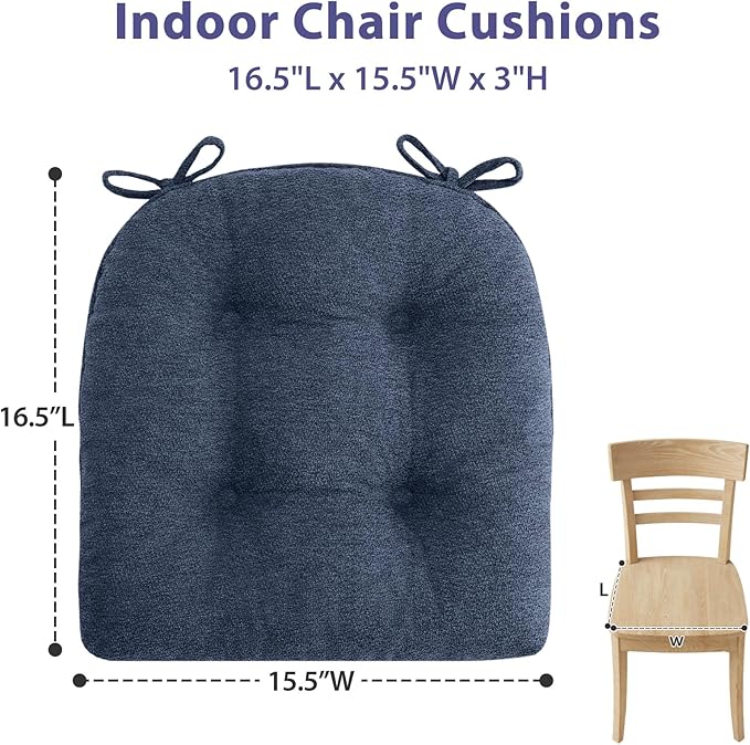 Chair Cushions Set of 2 for Dining Chairs, 16.5"x15.5" Kitchen Chair Pads with Memory Foam, Non-Slip Bottom & Ties, Tufted Indoor Seat Cushions for Home Use – Navy