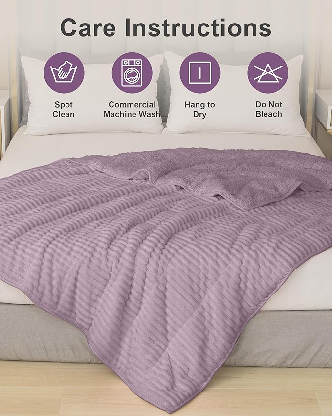 Sherpa Fleece Adult Weighted Blanket 20lbs with Ribbed Stripes, Dual Sided Fuzzy Warm Blanket for Couch Bed Sofa, Heavy Thick Blankets with Ceramic Beads Great for Sleep, Light Purple, 60" x 80"