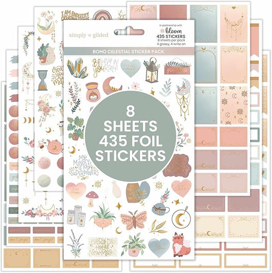 bloom daily planners x Simply Gilded Aesthetic Neutral Planner Stickers (8 Sheets / 435 Stickers) - Bohemian Variety Pack with Gold Foil for Decorating, Planning, Scrapbooking