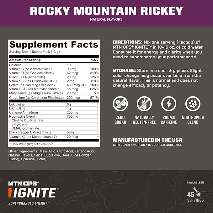 MTN OPS Ignite Energy Drink Powder, Gluten Free Nootropic Supplement Drink Mix, L Arginine, L Citrulline, Caffeine & Nootropic Sugar Free Drink Mix, 45 Servings, Rocky Mountain Rickey