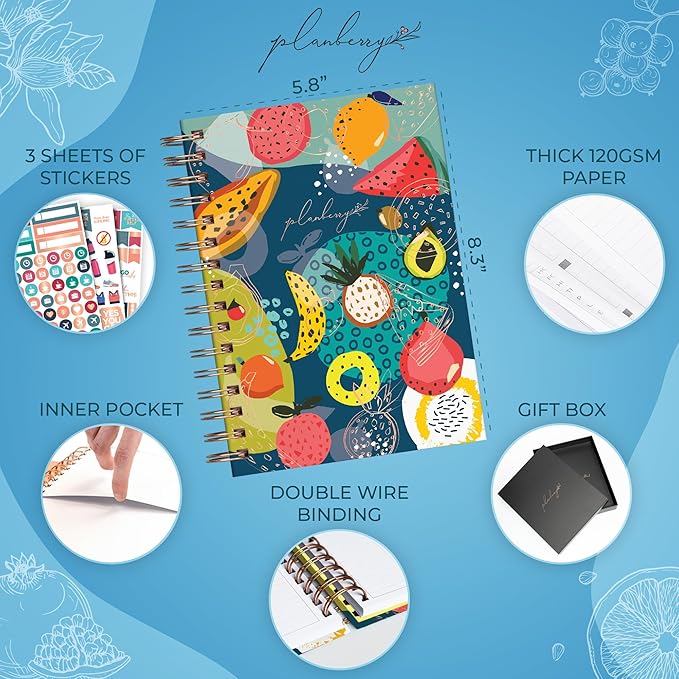 PLANBERRY Food Journal Premium – Nutrition Planner – Diet & Calorie Tracker – Meal & Exercise Diary – Weight Loss Journal (Fresh Multifruit)