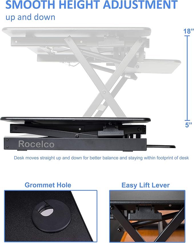 Rocelco 32" Height Adjustable Standing Desk Converter BUNDLE - Sit Stand Computer Workstation Riser with Anti Fatigue Mat - Dual Monitor Retractable Keyboard Tray Gas Spring - Black (R EADRB-MAFM)