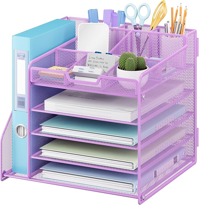 Lavatino 5-Tier Metal Mesh Desk Organizer with File Holder & 7 Customizable Compartments | Paper Letter Tray for Office or Home Desk Storage | Keep Workspace Supplies Neat & Organized, Purple