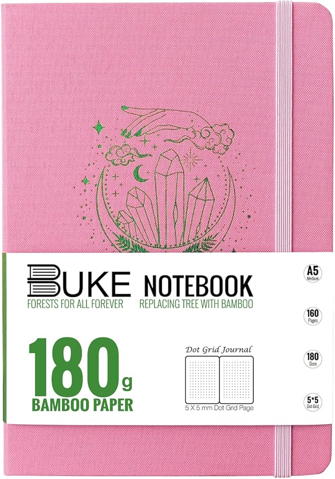 BUKE A5 Size Dotted Notebook Dot Grid Journal 180Gsm Bamboo White Supper Thick Paper, 5 * 5MM Dot Grid 160 Pages, Colored Silver Edges, Waterproof Fabric Hardcover