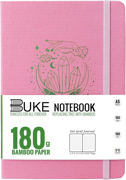 BUKE A5 Size Dotted Notebook Dot Grid Journal 180Gsm Bamboo White Supper Thick Paper, 5 * 5MM Dot Grid 160 Pages, Colored Silver Edges, Waterproof Fabric Hardcover