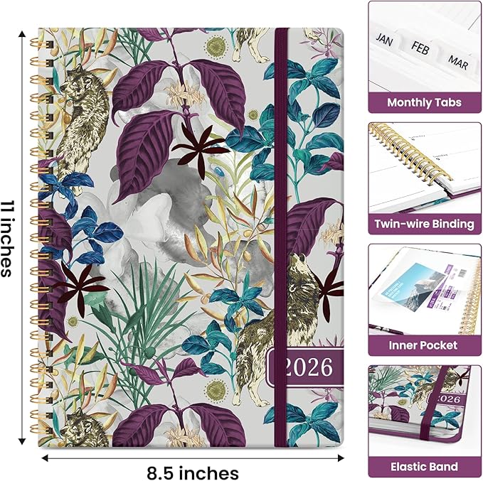 2026 Planner, Monthly and Weekly Calendar Planner for Women, January 2026 - December 2026, Hardcover Pretty 2026 Agenda Planner Book with Tabs, Spiral Bound, Perfect for School Office Home Supplies, 8.5" x 11" - Jungle