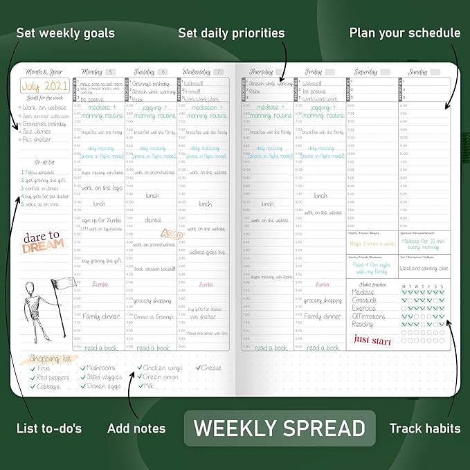 GoGirl Weekly Schedule Planner – Hourly Work & Life Planner with Time Slots – Vertical Agenda Organizer for Daily Productivity, A5 (Forest Green)