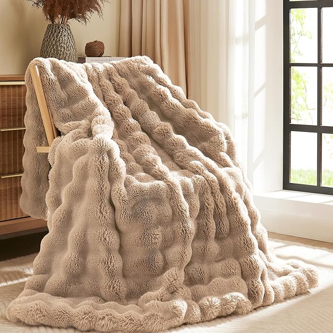 L'AGRATY Faux Fur Throw Blanket: 50" x 60" Luxury Soft Fluffy Rabbit Fur Blankets Twin for Couch Bed Sofa - Cozy Plush Bubble Blankets for Winter: Flannel Fleece Decorative Blanket(Light Linen)