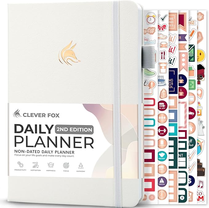 Clever Fox Daily Planner 2nd Edition – Undated Time Block Task Organizer with Hourly Schedule & to-do List – A5, 6 Months (White)