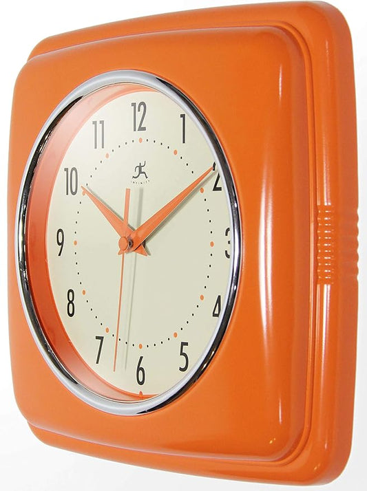 Infinity Instruments Retro – 9 Inch Square Silent Non-Ticking Mid Century Modern – Kitchen, School, Classroom – Vintage Decorative – Orange