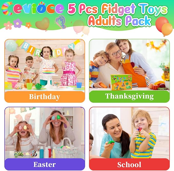 Cevioce 5Pcs Fidget Toys Adults Pack,Easter Basket Stuffers for Teens Boys,Autism Sensory Toys with Fidget Spinner Slug Magnetic Rings,Squishy Fidget Toys ADHD Stress Relief,Party Favor for Kid-G