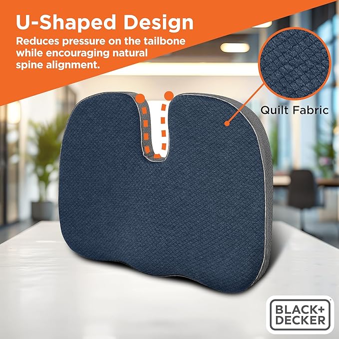 BLACK+DECKER Quilted Knit Memory Foam Seat Cushion U Seat Cushion for Office Chair, Car, Wheelchair & Airplane – Ergonomic, Pain Relief, Non-Slip Backing, Washable Cover, Blue/Grey