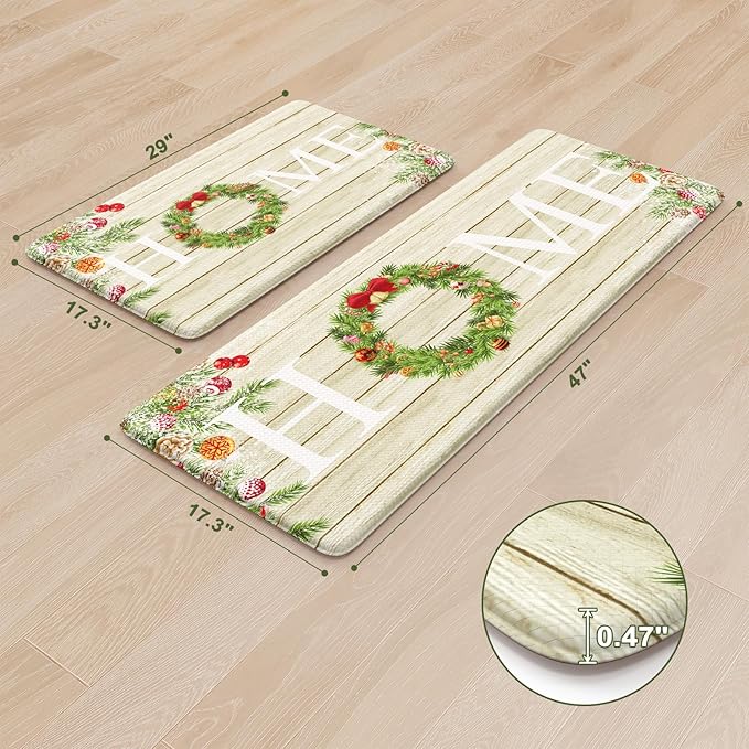KIMODE Christmas Kitchen Mat 2PCS,Anti Fatigue Farmhouse Kitchen Rugs Non Slip,Waterproof Kitchen Floor Mat,Cushioned Comfort Standing Mat,Christmas Decorations for Home Kitchen