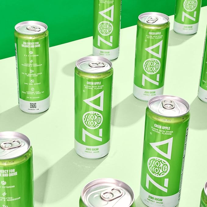 ZOA Zero Sugar Energy Drinks, Green Apple - Sugar Free with Electrolytes, Healthy Vitamin C, Amino Acids, Essential B-Vitamins, and Caffeine from Green Tea - 12 Fl Oz (12-Pack)