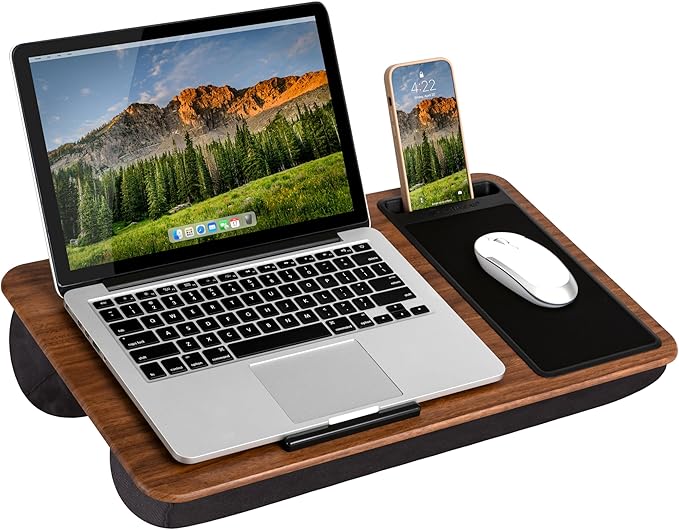 LAPGEAR Home Office Lap Desk with Device Ledge, Mouse Pad, and Phone Holder - Espresso Woodgrain - Fits up to 15.6 Inch Laptops - Style No. 91575