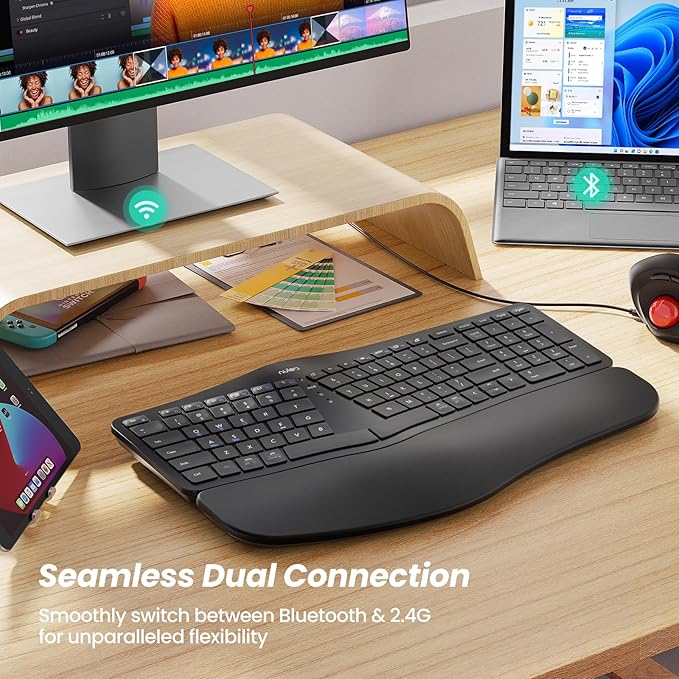 Nulea Wireless Ergonomic Keyboard, Split Keyboard with Cushioned Wrist Rest, Bluetooth and USB Connectivity, USB-C Rechargeable, Compatible with Windows Mac(Black)