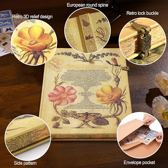 96 Sheets/192 Pages Vintage Lined Journal,Comes With Envelope Pocket Notebook Journal,Retro 3D Thorn Vine Rose Cover Hardcover Journal,Suitable As Travel Diary,A Notebook,Or Wedding Anniversary.