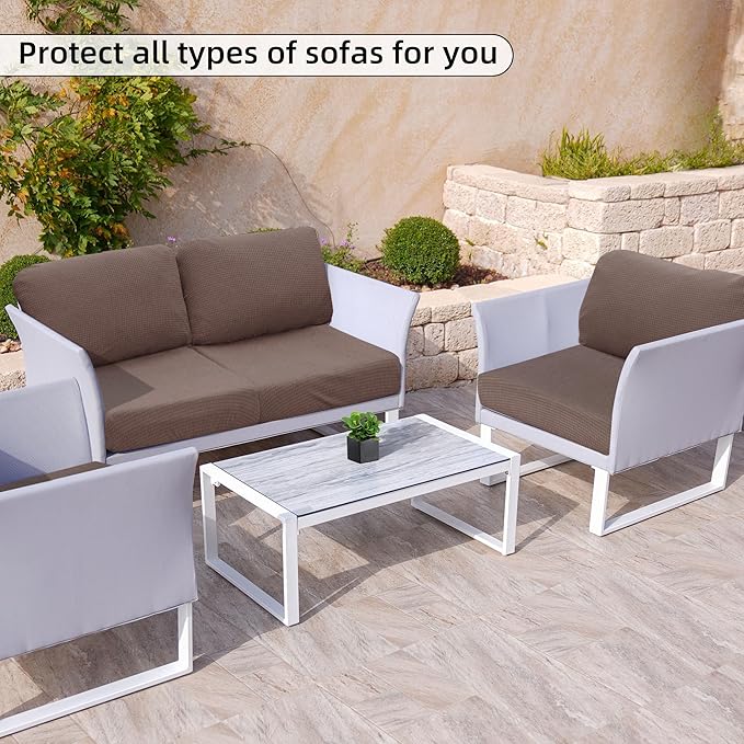8Pcs Stretch Patio Cushion Cover Outdoor Cushion Cover Slipcovers Couch Cover Waterproof Replacement Sofa Cushion Covers Thick Jacquard Textured Twill Fabric Porch Patio Furniture Protector（Camel）
