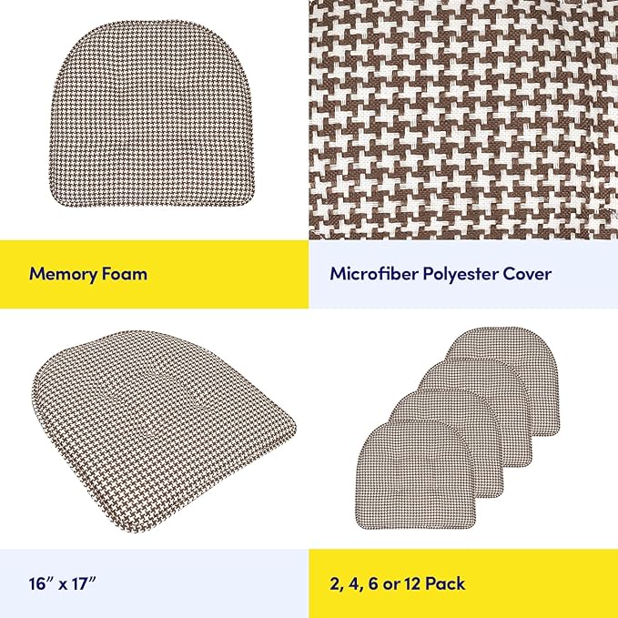 Sweet Home Collection Chair Cushion Memory Foam Pads Tufted Slip Non Skid Rubber Back U-Shaped 17" x 16" Seat Cover, 12 Count (Pack of 1), Houndsooth Brown