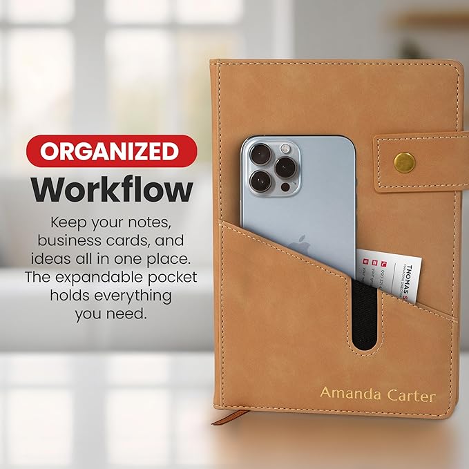 Promot Personalized Notebook - A5 Lined Leather Bound Journal for Writing Women Men - Hardcover Executive Notebook, Daily Journal, Travel Diary, Gift Idea, Custom Embossed Text with Gold Metallic Foil