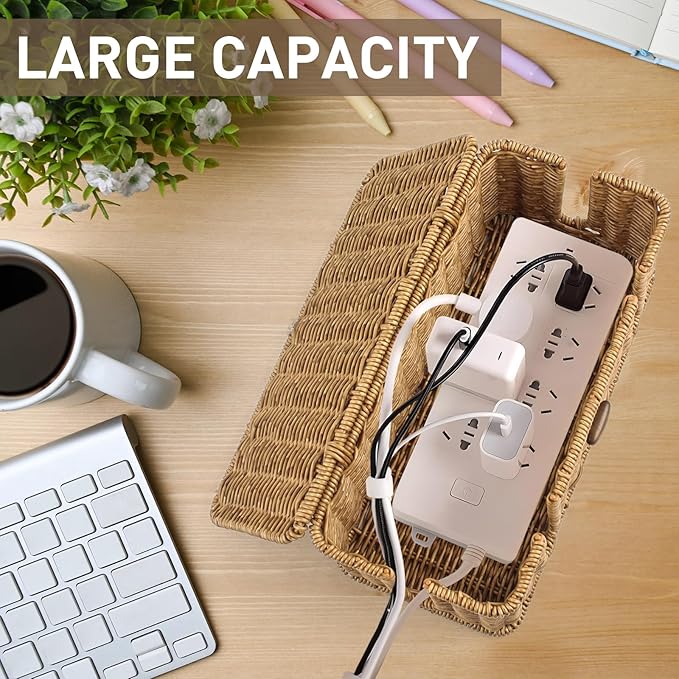 2 Pack Rattan Cable Management Box, Large Cord Organizer Box with Lid Under Desk Router Hider Storage Box with 4 Exits, Wire Box Hider for TV Wires Computer Surge Protector USB Hub Power Strip