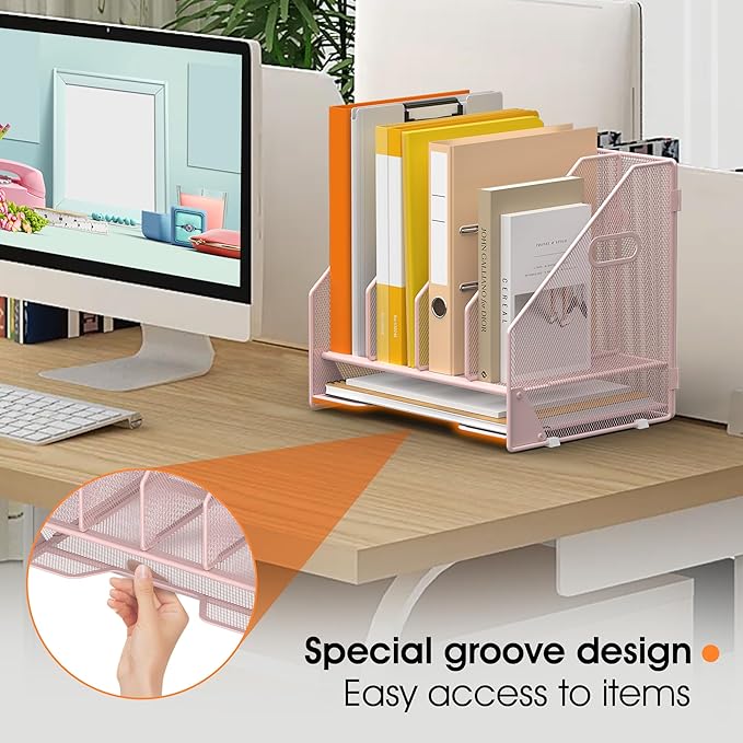 Desk File Folder Holder Organizer-4 Vertical Compartments Racks and Paper Letter Tray,Mesh Magazine File Holder Sorter,Desktop Accessories & Workspace Organizers for Home,Office,School-Pink