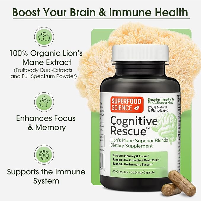 Cognitive Rescue, Lion's Mane Mushroom Capsules w/ Lion's Mane Dual Extract, Nootropics, Brain Supplement for Memory and Focus, Mushroom Immune Support w/ B Vitamins Complex, BioPerine, 60 capsules