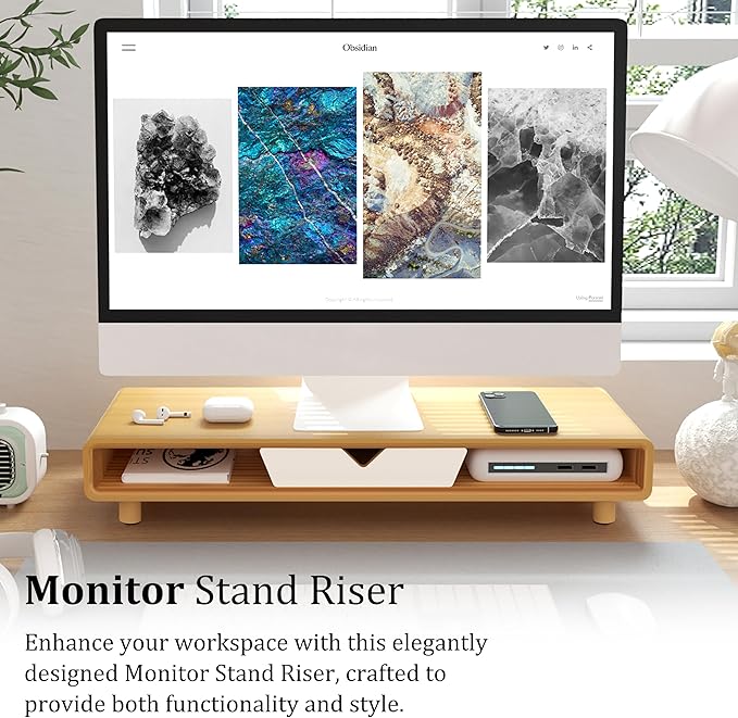 Homerays Monitor Stand with Drawer, Exquisite Computer Monitor Stand for Desk, Ergonomic Wood Monitor Stand Riser for Computer,Laptop,Printer,TV,Bamboo,White