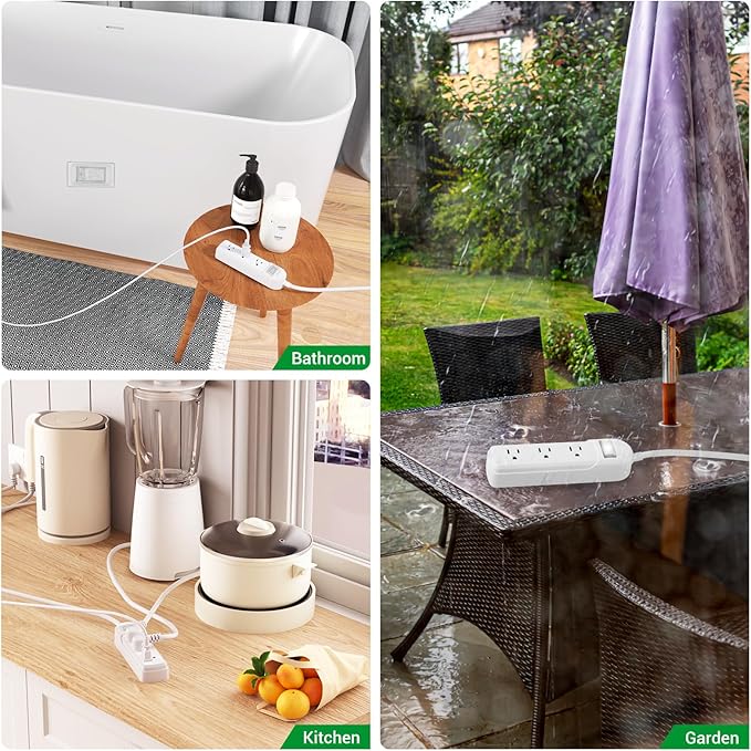 Outdoor Power Strip Weatherproof, IPX6 Waterproof 6.6ft SJT Extension Cord with 3 Widely Outlets Overload Protection Shockproof, Christmas Light Flat Plug Extension Cord Outdoor Indoor