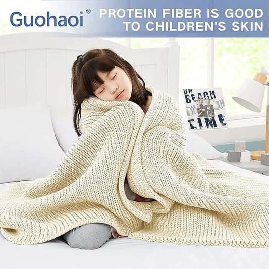 Guohaoi Knitted Weighted Blanket for Adults (Cream 60"x80" 12lbs) No Beads Cooling Throw Blanket for Hot Sleepers, Home Decor Breathable Chunky Knit Heavy Blanket Use on Queen/King Size Bed
