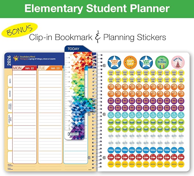Global Datebooks 2025-2026 Elementary Student Planner 8.5x11 - Dated Weekly & Monthly Academic Planner (Large) with Ruler/Bookmark & Stickers, Ideal for Homework, Matrix Style, Earth