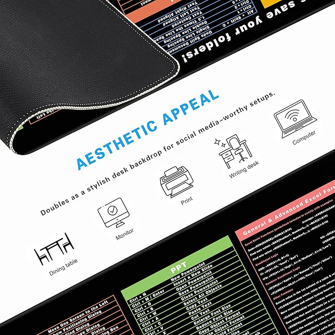 Excel Cheat Sheet Desk Pad, 31.5"x11.8", Waterproof Extra Large Excel Shortcut Mat with Stitched Edges, Anti-Slip Excel Mouse Pad for Office Desk, MS Excel/Word Shortcuts (Color Shortcut)
