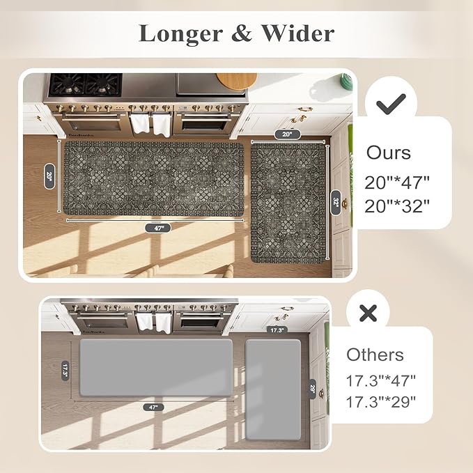 KIMODE Anti Fatigue Kitchen Mats 20"x47"+20"x32", Boho Vintage Kitchen Rugs Sets of 2, Non Slip Waterproof Kitchen Floor Mats, Memory Foam Kitchen Mat for Sink, Laundry, Desk Green/Grey