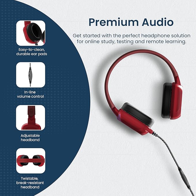 Brenthaven Headphones Wired | USB C On-Ear Rugged 2 Adjustable Headphones with Long Tangle Free Cord - Lightweight Durable and Drop Tested School Supplies for Kids Travel and K-12 Students - Red