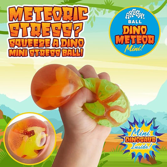 Power Your Fun Arggh Meteor Mini Stress Balls for Kids and Adults - 3pk Squishy Stress Balls Sensory Toys with Dinosaur, Squishy Ball Fidget Toys Tension Relief Squeeze Toy (Pink, Orange, Green)