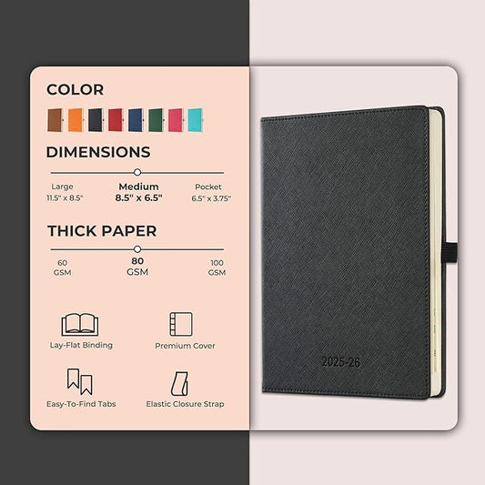 Weekly Monthly 2025-2026 Planner (July 25-Dec 26),8.5"x6.5",18 Months Agenda Plan with Month Tabs & Pocket,Expenses/Note Pages, Academic Calendar with Vegan Leather Cover,Black