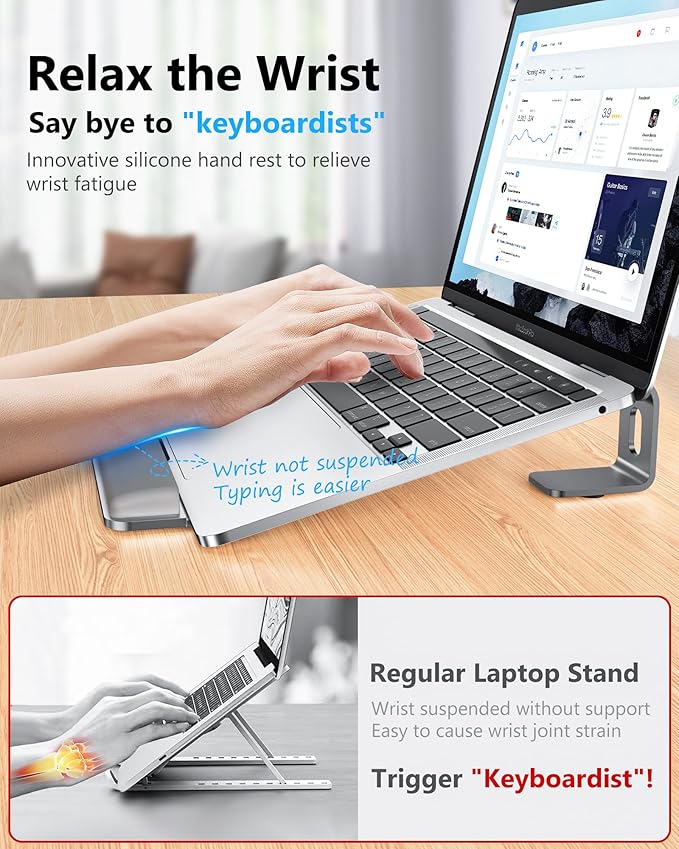 NTMY Laptop Stand for Desk with Wrist Protection Pad, Aluminum Laptop Riser Computer Stand for Laptop, Ergonomic Laptop Stand for MacBook/HP/Dell/Acer/Lenovo 10-17.3'' (Grey)