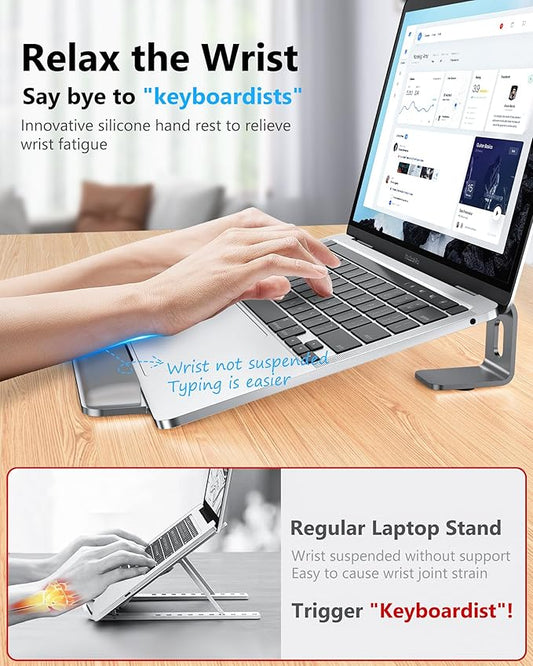 NTMY Laptop Stand for Desk with Wrist Protection Pad, Aluminum Laptop Riser Computer Stand for Laptop, Ergonomic Laptop Stand for MacBook/HP/Dell/Acer/Lenovo 10-17.3'' (Grey)