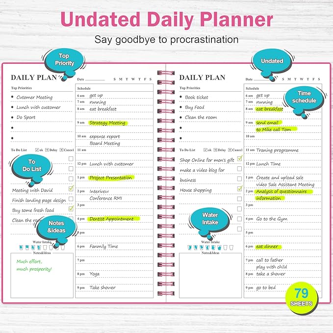 Daily Planner Undated, Asten To Do List Notebook Hourly Schedules Spiral Appointment Planner for Men and Women,PVC Hardcover,Elastic Closure, Inner Pocket 8.3" x 5.8" (Pink)