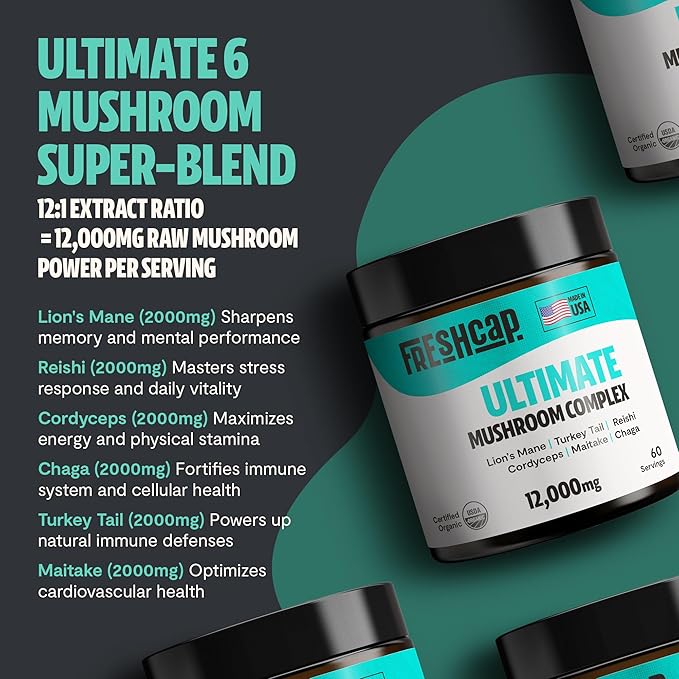 FreshCap Mushrooms Ultimate Mushroom Supplement Powder 12,000mg - Nootropic Organic Mushroom Complex for Focus & Memory, Brain Support Supplement, Ayurveda Mushroom Powder Extract (60 Servings)