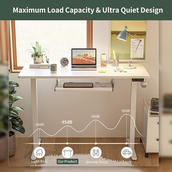 FEZIBO Standing Desk with Keyboard Tray, 60 x 24 Inch Adjustable Height Sit Stand Desk with Memory Presets for Home Office, Ergonomic Computer Workstation, White