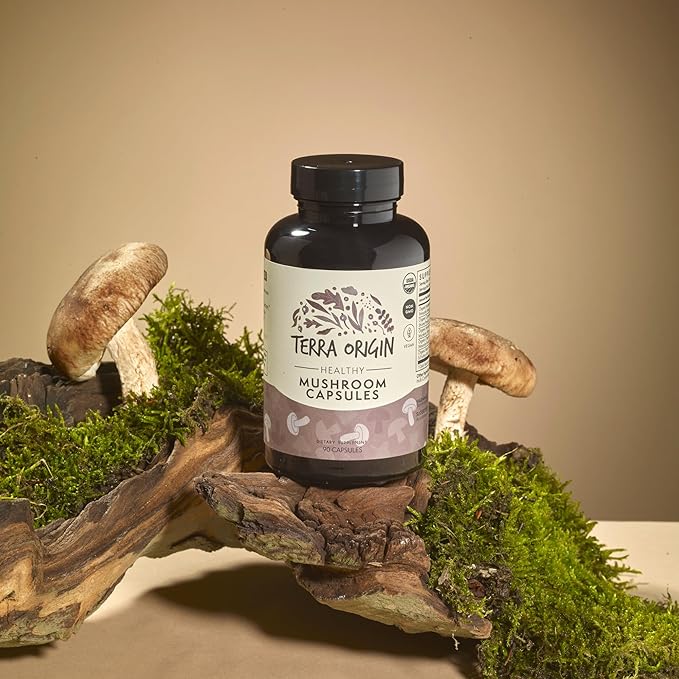 TERRA ORIGIN Healthy Mushroom Complex Supplement | 90 Capsules | Reishi, Lions Mane, Changa, Cordyceps, Maitake | Immune & Nootropic Brain Support | Certified USDA Organic, Non GMO, Vegan