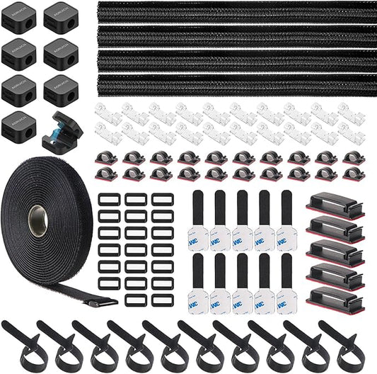 98 PCS Cable Management Kit, 4 Cable Sleeve, 8 Magnetic Cable Holder, 10 Self Adhesive Cord Organizer, 45 Cable Clips, 10+1 Roll Reusable Cable Ties with 20 Buckles for Computer TV Under Desk