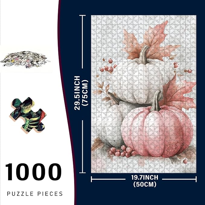 1000 Piece Wooden Puzzle Fall Pink White Pumpkin Adults & Kids Challenging Jigsaw for Stress Relief Family Bonding & Skill Building 29.5x19.7 Inch