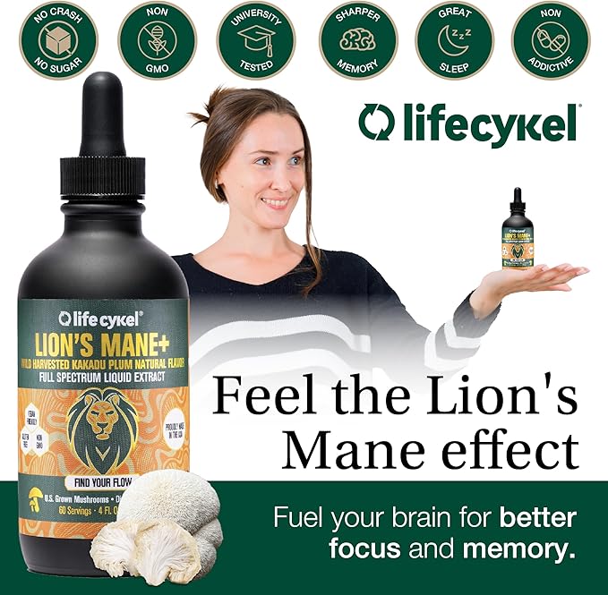 Lifecykel - Lion's Mane Mushroom Extract with Kakadu Plum - Brain Booster Nootropic for Memory, Focus & REM Sleep - Non-GMO, Organic Mushroom Tincture - 4 Fl Oz (60 Servings)