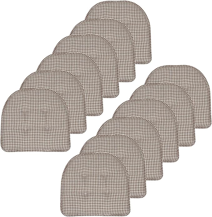 Sweet Home Collection Chair Cushion Memory Foam Pads Tufted Slip Non Skid Rubber Back U-Shaped 17" x 16" Seat Cover, 12 Count (Pack of 1), Houndsooth Brown